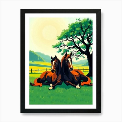Pferdebrüder unter einem Baum - farbig gerahmtes Wandbild Poster Leinwanddruck Bild
