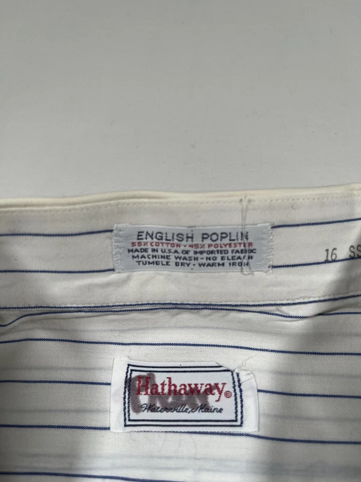 Hathaway Shirt Mens 16 White Blue Stripe Short Sleeve English Poplin Made USA - Image 4 of 4