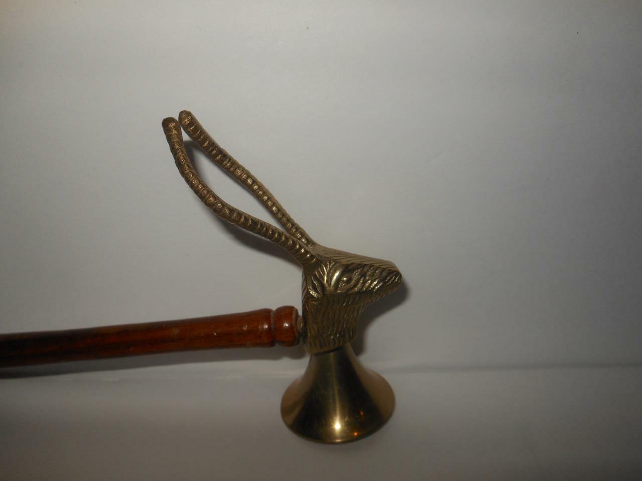 RARE VINTAGE BRASS REINDEER CANDLE SNUFFER DEER ANTLERS CARVED WOOD