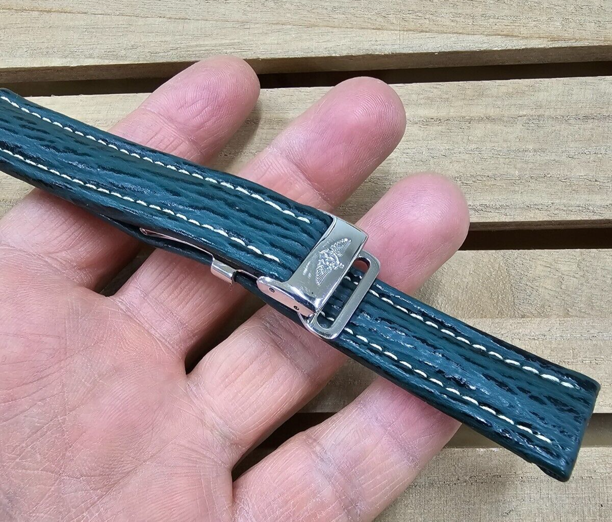 BREITLING レザーベルト 青 18/16mm Authentic Breitling Green Leather Strap Deployment Buckle Steel 18