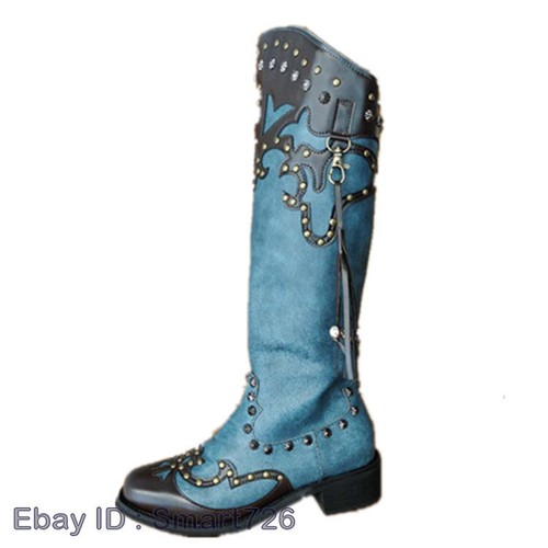 Womens Tassels Knee High Studs Chunky Heel Synthetic Western Cowboy Boots Shoes - Picture 4 of 12