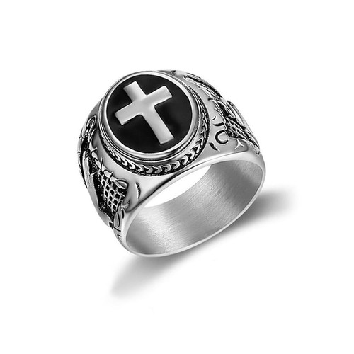 Men Ring Stainless Steel Religious Prayer Holy Cross Ring with Black Enamel C...