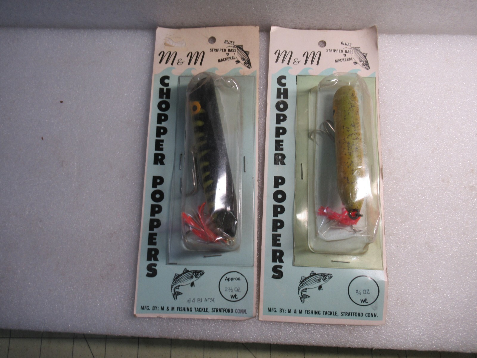 VINTAGE SALTWATER FISHING LURES M & M CHOPPER POPPERS WOODEN ORIGINAL STRIPERS - Image 2