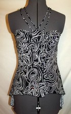 Tankini set swimsuit top bottom black white zig zag offset hem M sequins H83