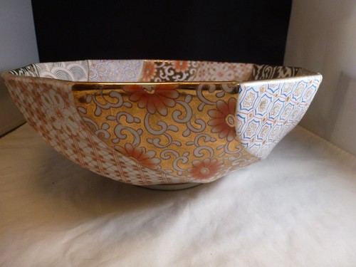 Vtg Octagon Japanese Floral GOLD White Multicolor Bowl 12" - Picture 6 of 10