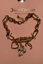 Juicy Couture Gold Tone Double Link Paper Clip Bracelet Heart, Bee & J Charms
