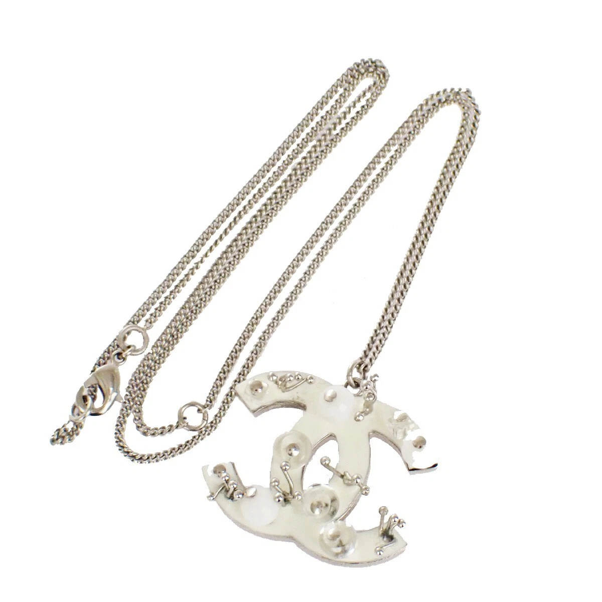 CHANEL CC Logo Chain Pendant Necklace B10A Beads Silver Italy Accessory  84YA606