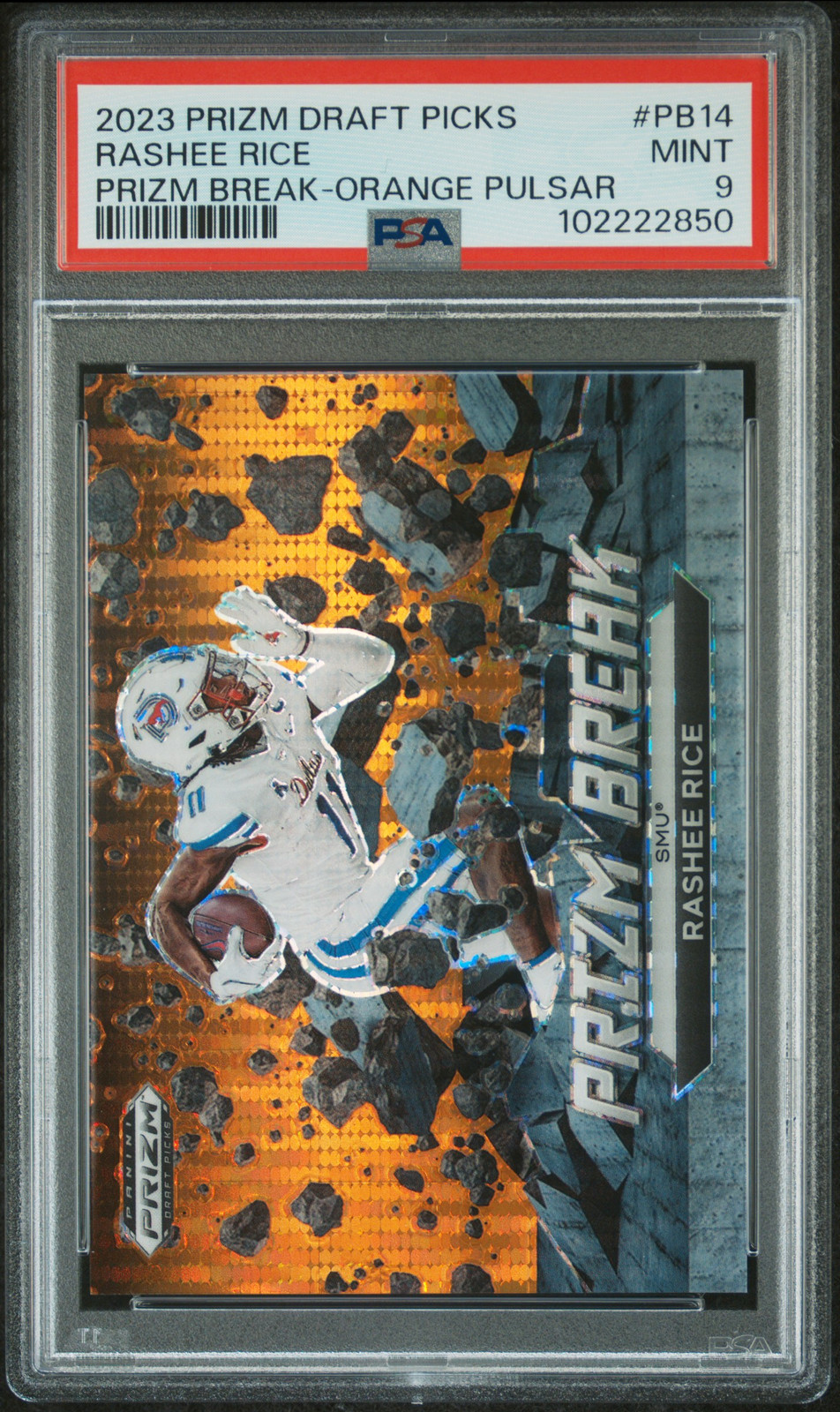 2023 PANINI PRIZM DRAFT PICKS PRIZM BREAK ORANGE PULSAR RASHEE RICE RC /49 PSA 9