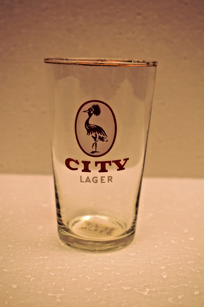 Vintage City Lager Brewery Beer Tumbler Crane Bird Logo Retro Pub Glass 1970s"R3