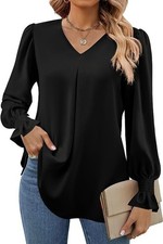 Lady V-neck Tops Pullover Shirts Blouse Autumn Long Sleeved Casual Chiffon Sizes