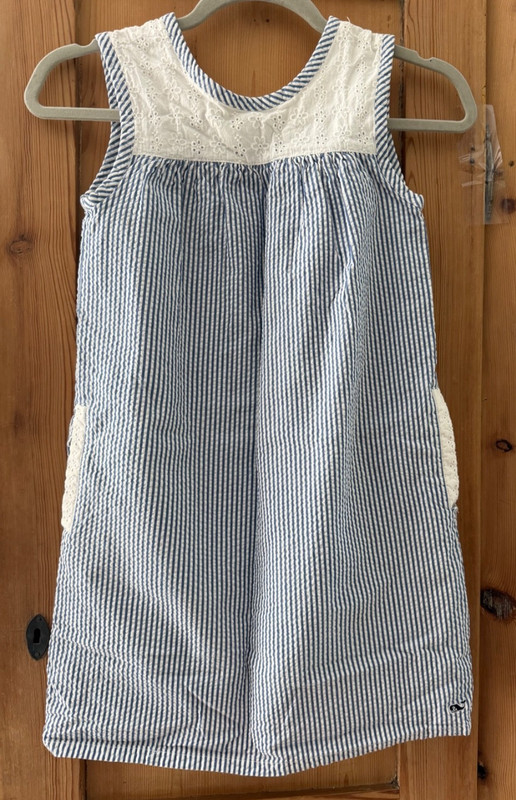 Vineyard Vines Dress Girls 10 Blue White Seer Sucker Sleeveless Cotton