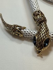 Vintage DL Auld Signed Snake Belt Necklace White Mesh Blue Eyes 36  Statement