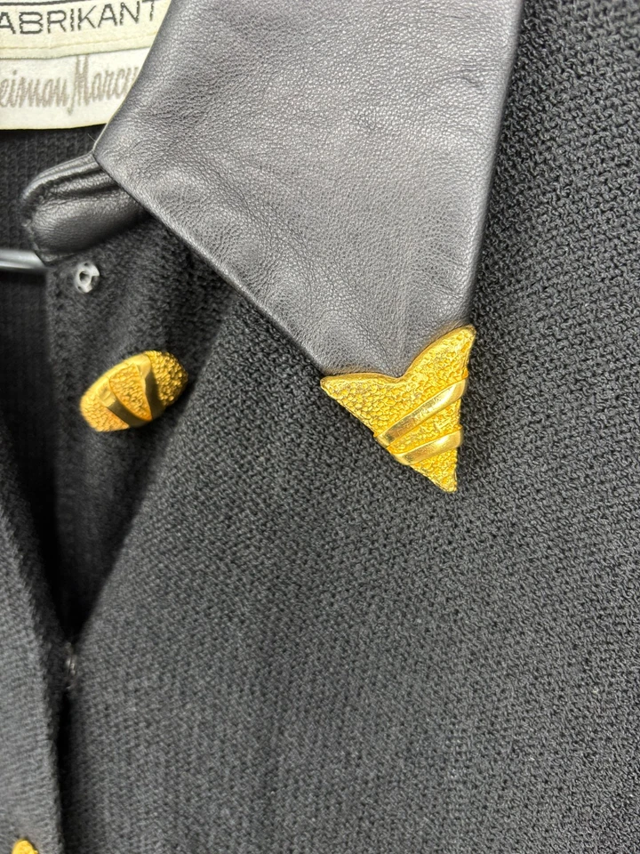 复古 Steve Fabricant 连衣裙 S 黑色 Santana 针织金色纽扣皮革旗帜 — 第 4/4 张图片