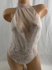 Body orsacchiotto Victoria’s Secret pizzo trasparente avorio floreale perline taglia Xs