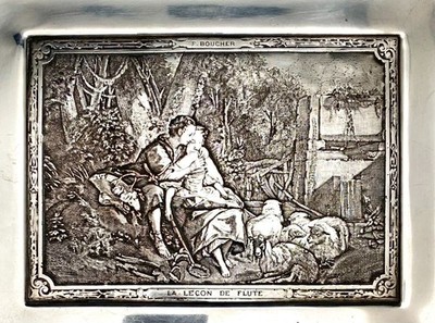 VTG SILVER PLATED FRENCH F. BOUCHER THE FLUTE LESSON JEWELRY TRAY 9'', c1930 vg