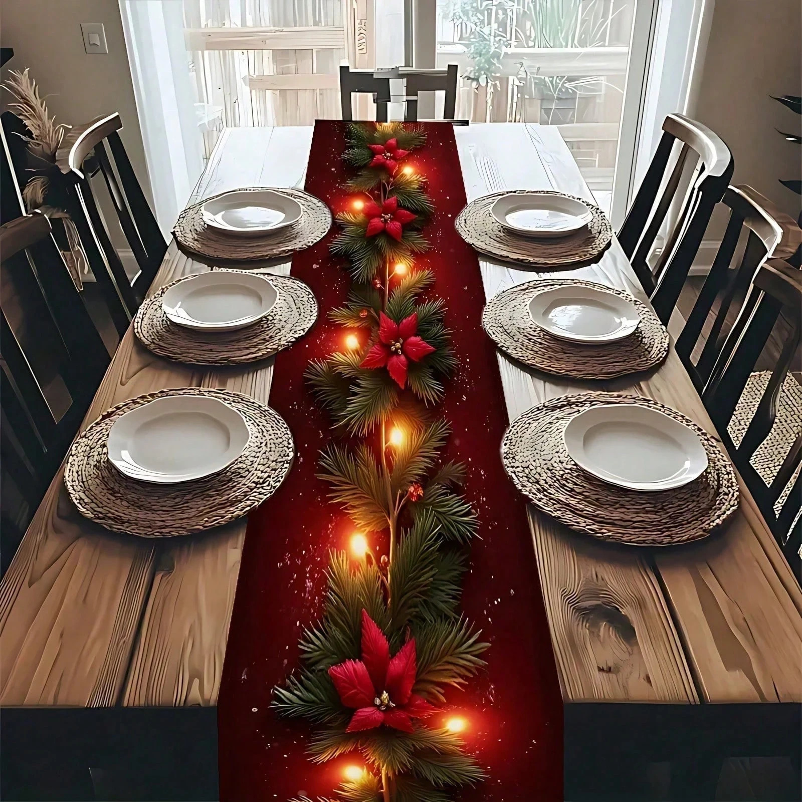Christmas Table Runner - Red & Green Pine Branches With Twinkling Lights,