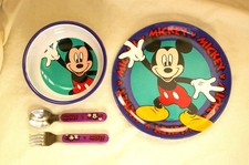 Vintage Disney  s Mickey Mouse 4 Piece Child  s Dining Set Plate Bowl Fork Spoon