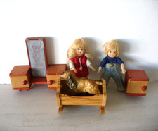 Dolls House Furniture Vintage 1970s Dressing Table & 2 Child Dolls Dog & Cradle