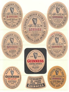 NINE VINTAGE BEER BOTTLE LABELS GUINNESS BREWERY ST. JAMES'S GATE DUBLIN.