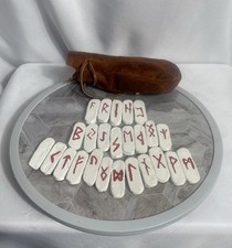 White Rune Stones with Brown Suede Pouch Medi...