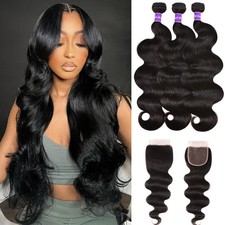 feiyunpanda Human Hair Bundles Body Wave 3 Bundles 10A Brazilian Virgin 4x4