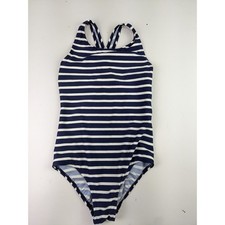 Land's End Navy White Stripe Swimsuit Girls 8