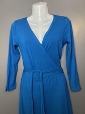 Ann Taylor Dress Womens 00 Blue Wrap Long Sleeve Jersey Knit Knee Length Work