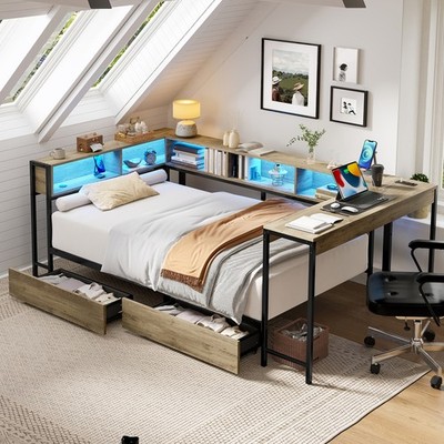 Leumius Full Size Bed Frame Bookcase 2 Underbed Storage Drawers, Modern Twin