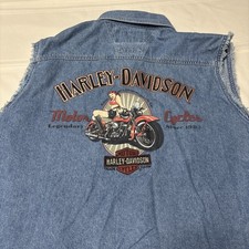 Harley Davidson 2007 Button Up Graphic Motorcycle Riders Denim Jean Vest Mens L