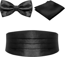Black Men'S Adjustable Cummerbund Satin Sheen Formal Solid Pre-Tied Bow Tie Pock