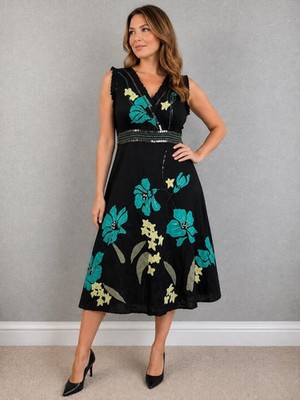 Rocha John Rocha Black Embroidered Floral Cotton Sleeveless Dress UK12 V Neck