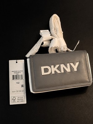 NWT DKNY Maggie Clutch Crossbody Bag Gray White Logo Chain Strap MSRP $138