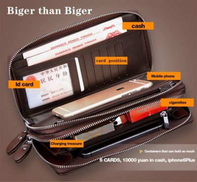Luxury Black Men's Leather Wallet Double Zipper Long Clutch