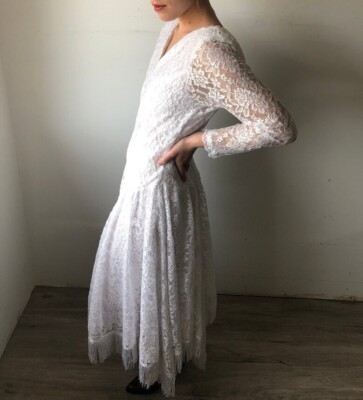 white western midi dress White Modest Midi Dress for Civil Wedding, Courthouse Wedding Midi Dress With Sleeves, White Midi Circle Skirt Dress for Women