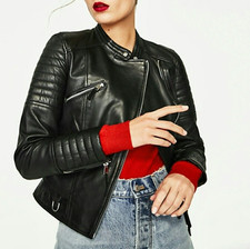 Zara Black Leather Biker Jacket Ref.3461/200 Xs 6 Uk 34 Eu 2 Us
