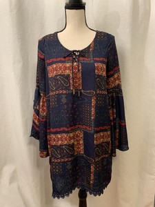 Rue 21 Womans Boho Navy Blue Paisley Dress Lace Hem Bell Sleeves Knee Length S | eBay