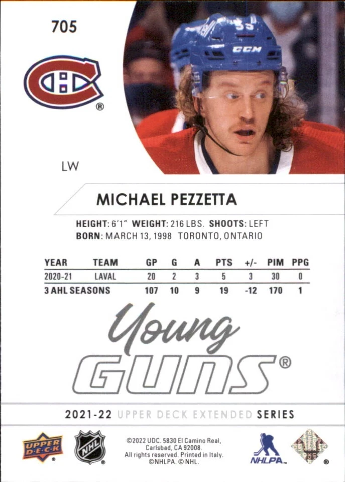 2021-22 Upper Deck Michael Pezzetta Young Guns  # 705 UD Extended Series RC MINT - Image 2 of 2