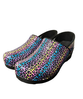 BJORK Multi-Color Rainbow Leopard Clogs Women Size 39 EUR USA 8.5-9 Non-Slip NEW