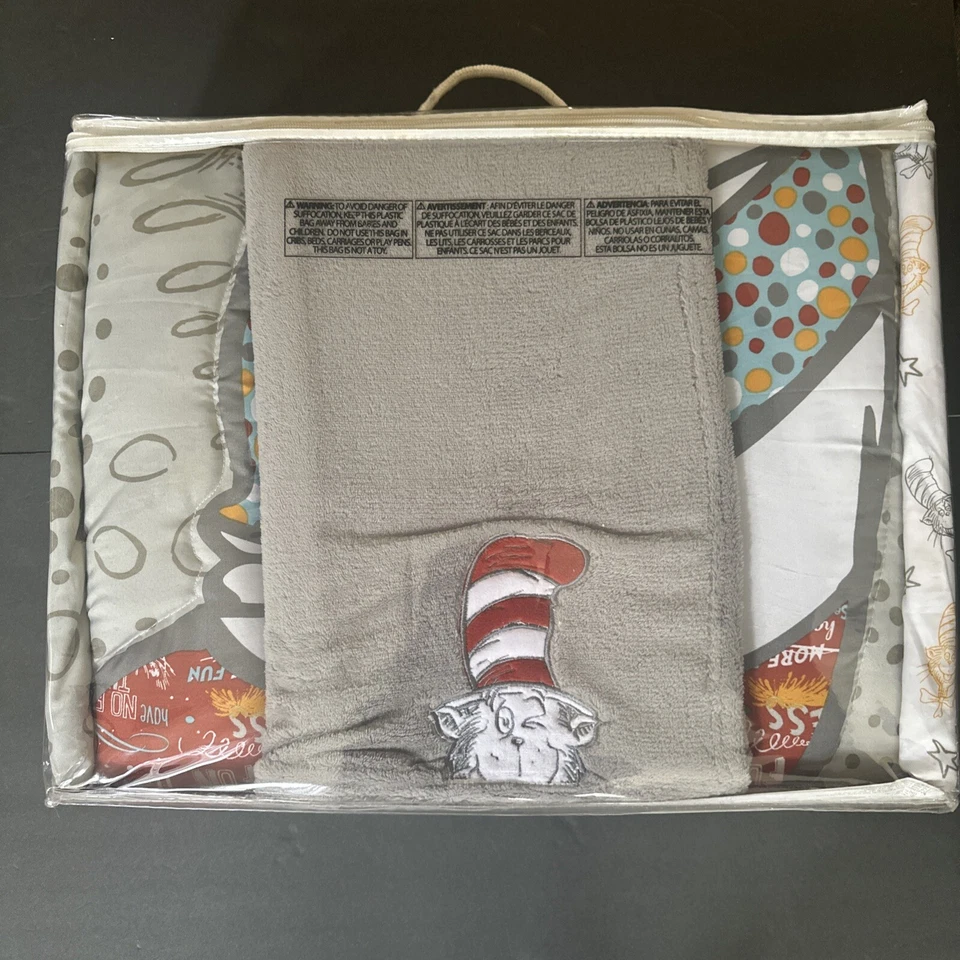 Dr. Seuss Nursery Cat In The Hat 4 Piece Crib Set Quilt Skirt Sheet Blanket - Image 3 of 4