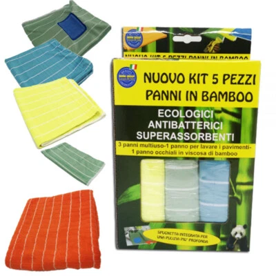 KIT 5 PEZZI PANNI BAMBOO MULTIUSO ECOLOGICI SUPERASSORBENTI VISCOSA DI BAMBU
