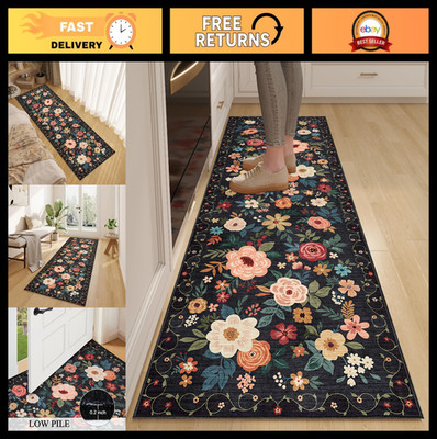 Washable 2x6 Runner Rug - Non-Slip Boho Floral Low Pile for Hallway, Kitchen, En