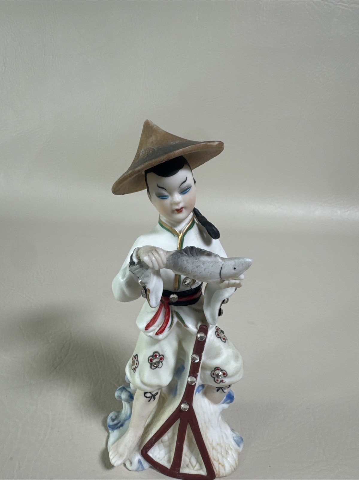 Lefton Japan Porcelain Fisherman Holding Fish Figurine 7”