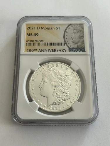 2021 $1 D SILVER MORGAN DOLLAR NGC MS69 100TH ANNIVERSARY LABEL DENVER