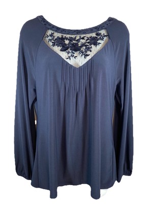 White House Black Market Navy Floral Mesh Embroidered Top Long Sleeve Medium $89