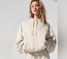 Alo Yoga Accolade Hoodie Women Large Bone Ivory Drop Shoulder Kangaroo Pocket