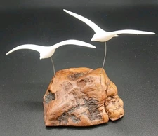Vintage John Perry ? Sculpture Seagull Birds in Flight on Burlwood Driftwood MCM
