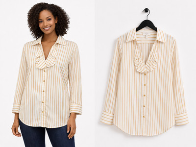 New Jones New York Ruffle V-Neck Shirt Size 3X White Camel Gold Stripe