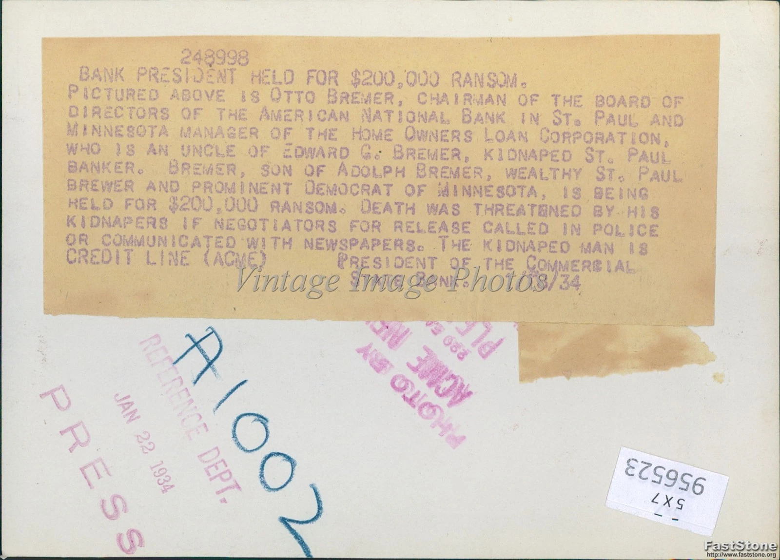 1918年 セントポール・オットー・ブレマー アメリカ国立銀行会長 写真5x7 - 画像2/2