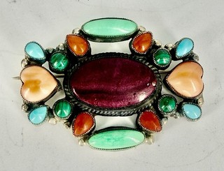 Vintage Leo Feeney Sterling Silver Turquoise Coral Malachite 2” Pin Brooch