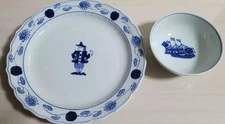 Y1218 Arita ware Shin kiln Aoka Ijin Kikyobuchi meat plate rice bowl set